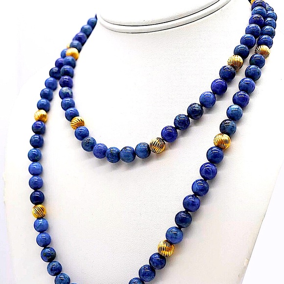 VINTAGE Lapis Lazuli 14k Gold Sculpted Beads & Clasp Hand Knotted Necklace - Picture 9 of 17